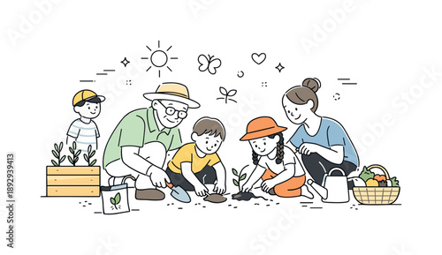 Intergenerational Garden Education. Community garden learning. Adults showing children how to care for plants and soil. Educational moment and warm