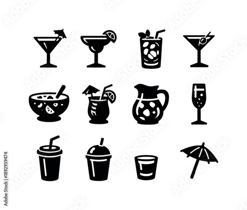 Black Party Drinks Icons. Party drinks. Solid icon set of party drinks: cocktail glass, margarita, mojito, martini, sparkling punch, tropical drink, sangria