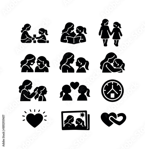 Mother-Daughter Icon Set. Mother Daughter Moments. Solid icon set of Mother Daughter Moments: playing together, story reading, walking side by side, shared