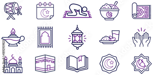 Islamic Icon Set: A vibrant array of line icons representing the core elements of the Islamic faith and traditions, ideal for designs celebrating Islam.