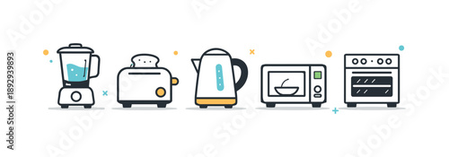 Minimal Kitchen Icons. Kitchen appliances icon set. Minimal icons of blender, toaster, kettle, microwave, and oven aligned evenly. Modern home cooking and