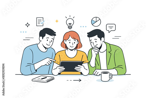 Teamwork in Harmony. Business communication. A small team gathered around a tablet, reviewing information and aligning on decisions with focused yet relaxed