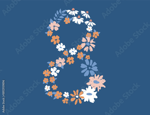 8 March. Women day background on blue with frame flowers.	
