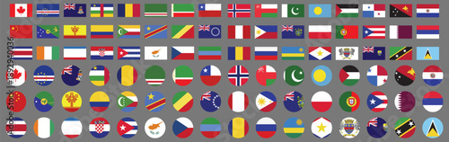 Vector illustration of various national flags in rows and circles