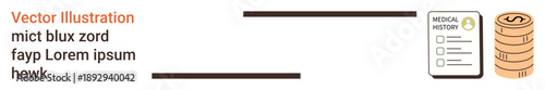 Healthcare costs, medical billing, financial planning, insurance, healthcare management, medical data. Medical history document and coin stack. Healthcare costs and medical billing concepts