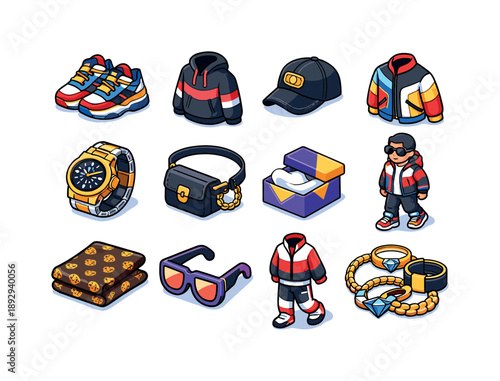 Luxury Streetwear Icons. Luxury streetwear. Colorful isometric vector icons set of Luxury streetwear: premium sneakers, branded hoodie, designer cap, limited
