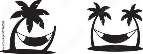 Palm trees with hammocks, black silhouettes on white background. Tropical vacation and relaxation concept.