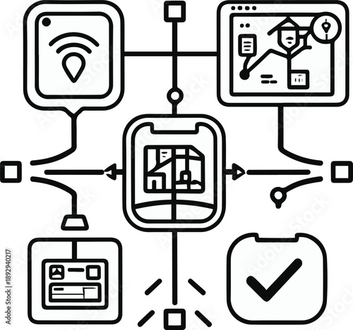 logistics tracking objects, GPS location box, shipment status screen, delivery route map, package scan icon, arrival confirmation checkmark, bold black thick outline line art 1