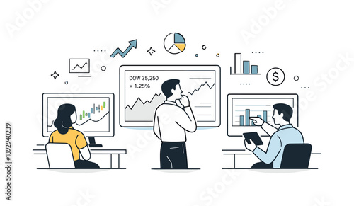 Market Trends Analysis. Stock market overview. Professionals monitoring fluctuating graphs and indexes on screens, subtle floating icons of charts and arrows.