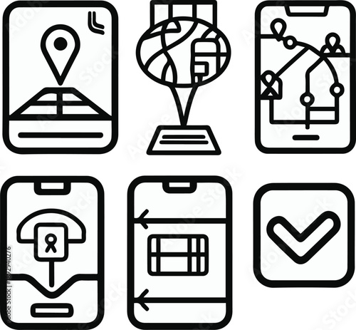 logistics tracking objects, GPS location box, shipment status screen, delivery route map, package scan icon, arrival confirmation checkmark, bold black thick outline line art 3