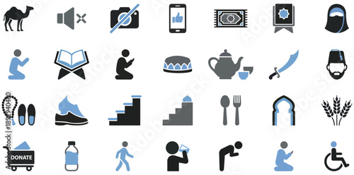 Islamic Icons Set: A collection of various icons representing diverse aspects of the Islamic faith and culture.