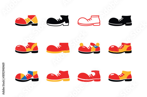 Clown Shoes Icon Set. Clown shoes. Icon set. Set Logo of Clown shoes: side view of exaggerated shoe sole. harmonious logo variations of the same emblematic