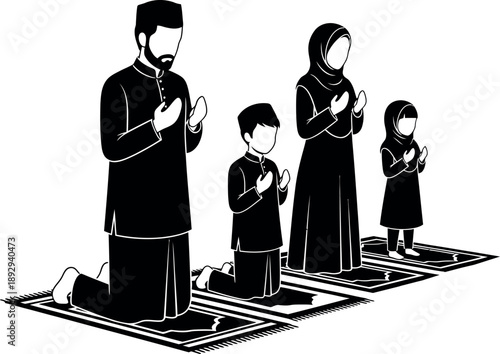 Muslim family praying together on prayer rugs showing devotion and spiritual connection during religious worship tradition