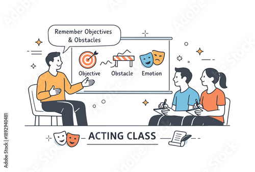 Acting Coach Guidance. Acting techniques. An acting coach calmly explaining a concept with visual cues, actors listening attentively and taking notes. The