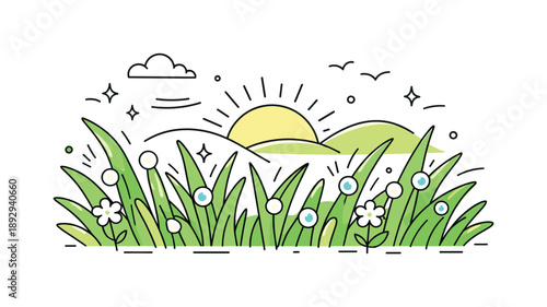 Morning Dew Bliss. June morning dew on grass. A peaceful meadow scene with soft sunlight touching dew-covered grass. The atmosphere suggests freshness,