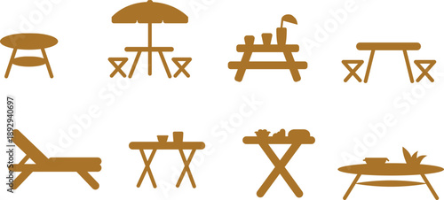 Outdoor picnic table and chairs set with umbrella, small bistro table with stools, picnic bench with seating, rustic outdoor dining set, summer garden furniture collection