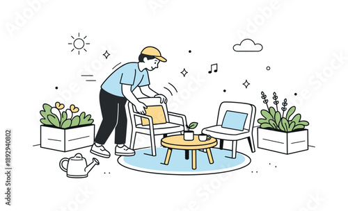 Garden Seating Arrangement. Building a garden space with a seating area and planters for relaxation. A person arranging chairs and planters in a small garden,