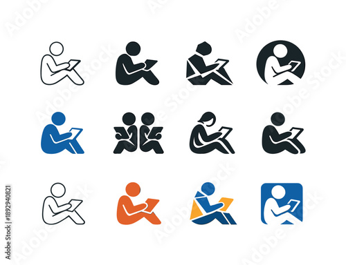 Tablet User Icon Set. People using tablets. Icon set. Set Logo of people using tablets: seated figure interacting with tablet screen. harmonious logo
