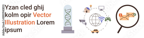 Science, technology, communication, cybersecurity, global networking, analysis. DNA helix, global icons with tech gadgets and a magnified envelope. Science and technology concepts