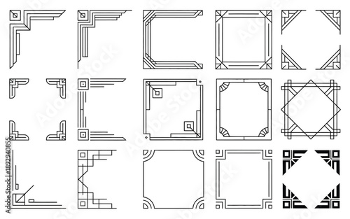 Stylish assortment, of geometric Art Deco inspired corners and decorative frame borders, featuring elegant symmetry and vintage details for classic design projects.