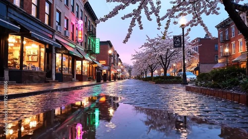Twilight Cherry Blossom Street With Wet Reflections.