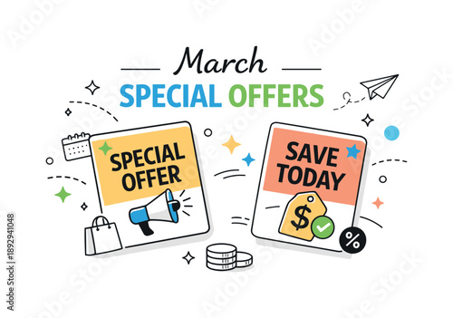 March Offers Banner. March special offers. A friendly editorial banner with cards showing ?Special Offer? and ?Save Today?, small icons and motion lines adding