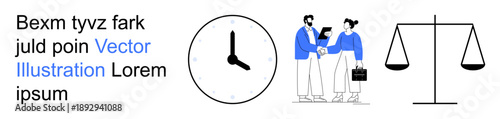 Time management, teamwork, legal concepts, decision-making, business ethics, and productivity. A clock, professionals discussing work and a justice scale. Time management and teamwork
