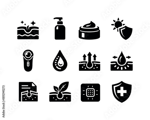 Dermatology Icon Set. Dermatological health. Solid icon set of dermatological health: healthy skin icon, skincare bottle, moisturizing cream jar, sun