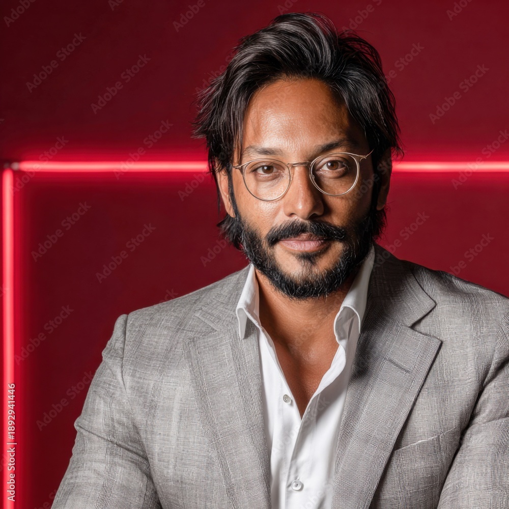 Fototapeta premium Man wearing glasses and suit poses in studio with red lights