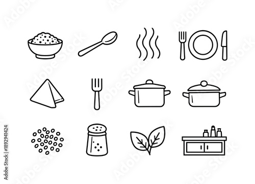 Quinoa Icon Set. Quinoa Side Dish. Line icon set of Quinoa Side Dish: small quinoa bowl, serving spoon, steam lines, plate setting, napkin, fork, cooking pot,