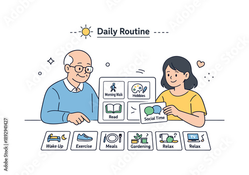 Organized Daily Planning. Helping build a new routine. A loved one and a retiree organize daily activities with simple cards and symbols, showing clarity and
