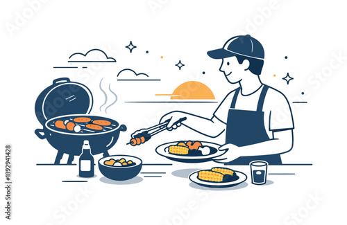 Sunset Barbecue Bliss. Barbecuing at sunset ? relaxed evening meal. Person placing grilled food on a plate near the grill, slow and mindful cooking moment.