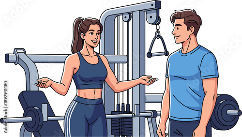 Gym discussion between two individuals, fitness environment, workout instruction, weight machine and bench press, cartoon-style illustration, active lifestyle concept