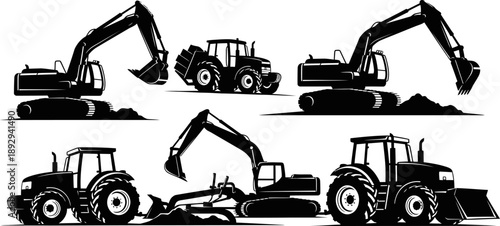 black and white illustration of various excavators and tractors with digger and bucket on white background