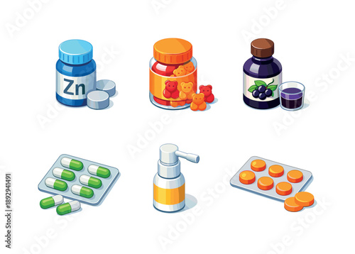 Immune Boost Icons. Immune support. Isometric flat vector icons set of immune support: zinc tablets, vitamin C gummies, elderberry syrup bottle, probiotic