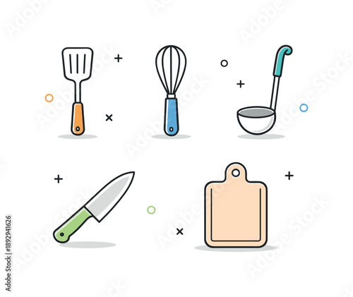Minimalist Cooking Icons. Cooking utensils icon pack. Simple icons of spatula, whisk, ladle, knife, and cutting board arranged as a neat set. Practical kitchen