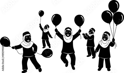 Black and white illustration of children wearing headscarves playing with balloons  fun happy kids in traditional clothing