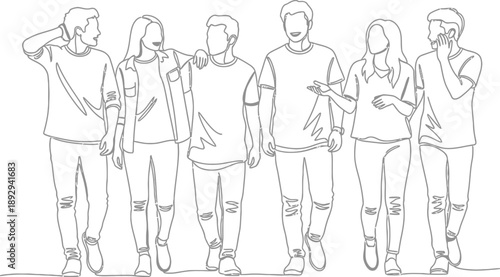 a group of young adults standing together in a casual social setting  friends chatting and interacting with each other