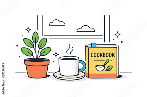 Winter Kitchen Serenity. Late winter kitchen objects. A window-side still life with a plant, cup, and cookbook resting together. Calm indoor scene, late winter
