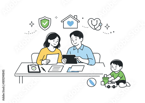 Family Insurance Discussion. Discussing insurance plans for the family. A calm editorial scene of two parents sitting at a table with documents and a tablet,