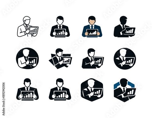 Business Analysis Icon Set. Businessman analyzing reports on a digital tablet. Icon set. Set Logo of businessman analyzing reports on a digital tablet: