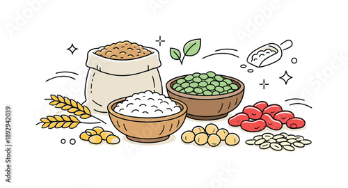 Grains and Legumes Still Life. Grains and legumes still life. Close-up view of textured grains and beans arranged with plenty of white space. Simple and modern