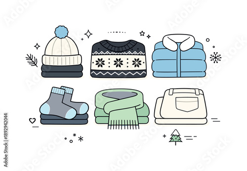 Minimal Winter Wardrobe. Minimal folded winter clothes set. Collection of neatly folded warm garments arranged symmetrically, creating a clean and modern