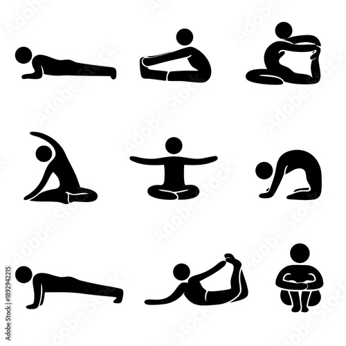 Black silhouette set of nine yoga and fitness poses, including plank, seated stretch, lunge, twist, and backbend. Ideal for workout guides, wellness apps, and training.
