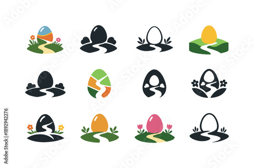 Easter Icon Set. Easter celebrations and activities. Icon set. Set Logo of Easter celebrations and activities: egg hunt trail icon. harmonious logo variations