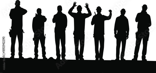 PrintBlack silhouettes of diverse group of construction workers and engineers standing in line wearing hard hats isolated on white background