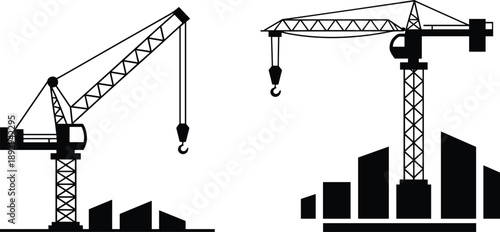 PrintBlack silhouettes of industrial tower cranes operating over a construction site and city buildings isolated on white background for design