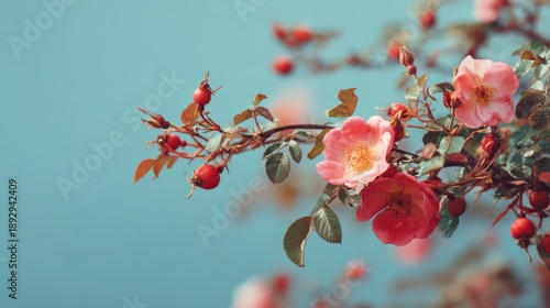 Pink wild rose flowers and red rosehips on a branch against a blurred teal background