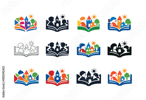 Kids' Storybook Logos. Kids creating storybooks. Icon set. Set Logo of kids creating storybooks: book with childlike doodles. harmonious logo variations of the