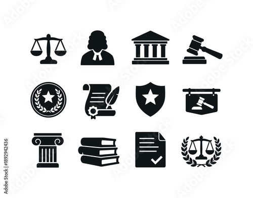 Judicial Icon Set. Judicial authority. Solid icon set of Judicial authority: law scales, judge silhouette, court building, gavel block, official seal, legal